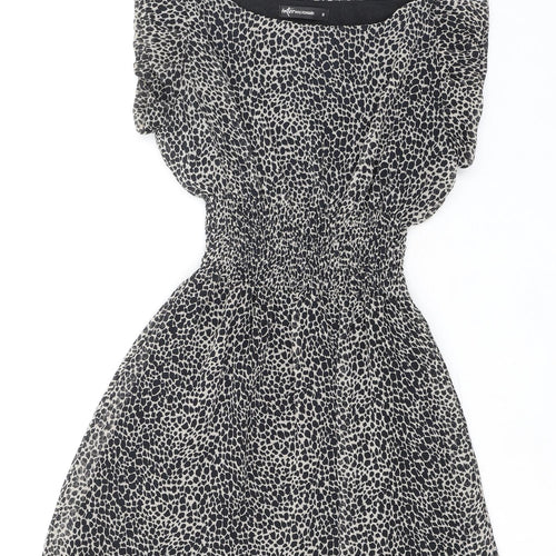 Internacionale Womens Black Animal Print Polyester Mini Size 8 Boat Neck Zip