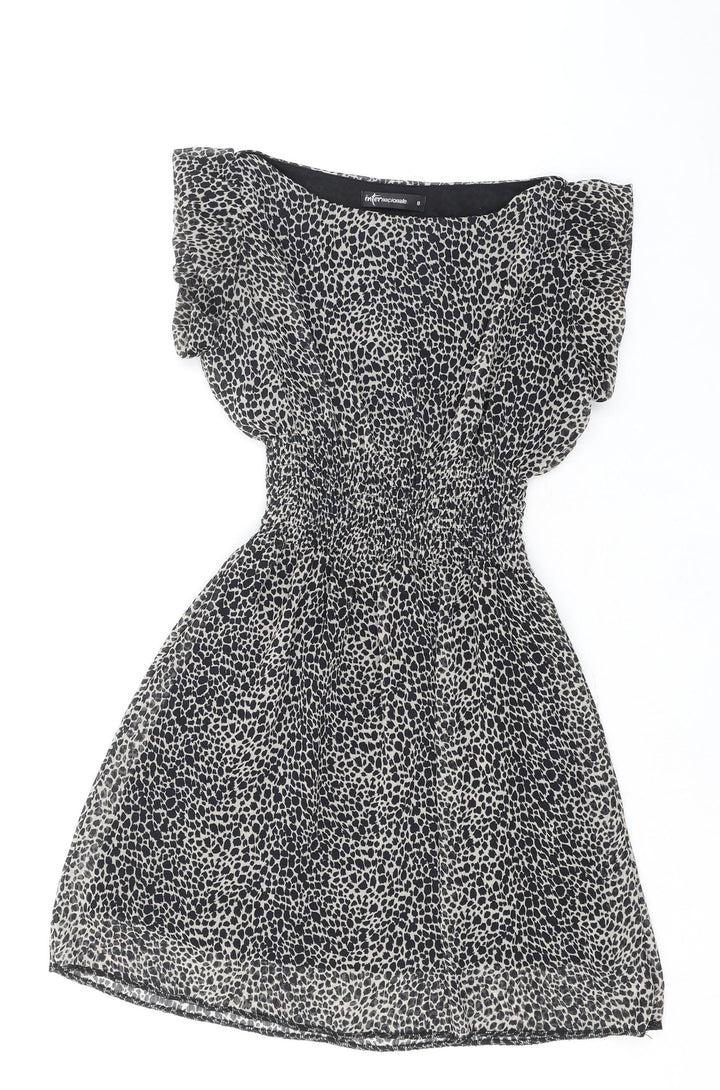 Internacionale Womens Black Animal Print Polyester Mini Size 8 Boat Neck Zip