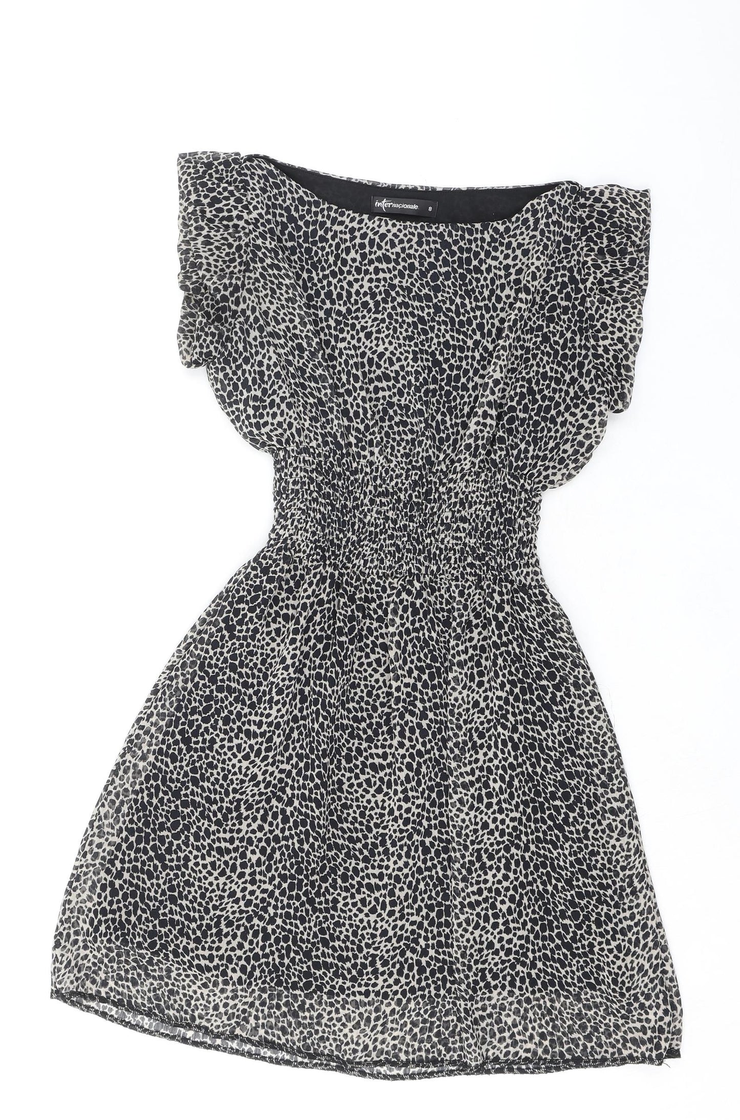 Internacionale Womens Black Animal Print Polyester Mini Size 8 Boat Neck Zip