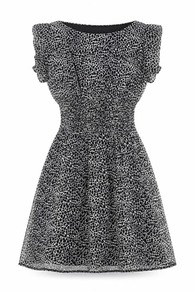 Front view of Internacionale women’s black animal print polyester mini, size UK 8, boat neck zip