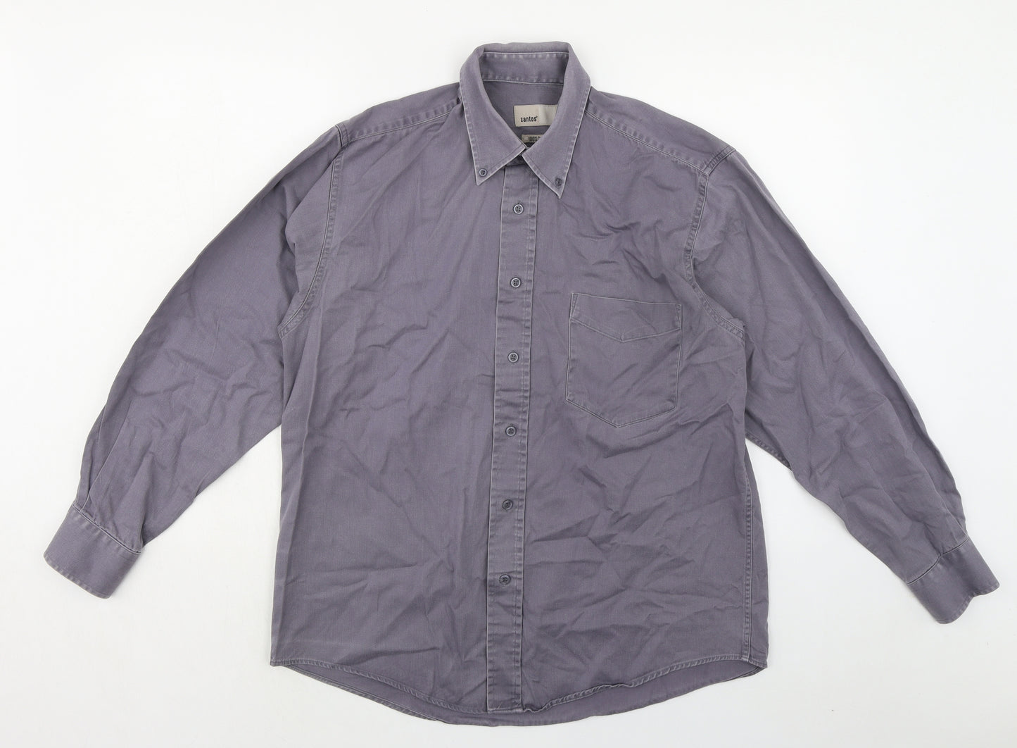 Zantos Mens Grey Cotton Button-Up Size M Collared Button - Button down collar