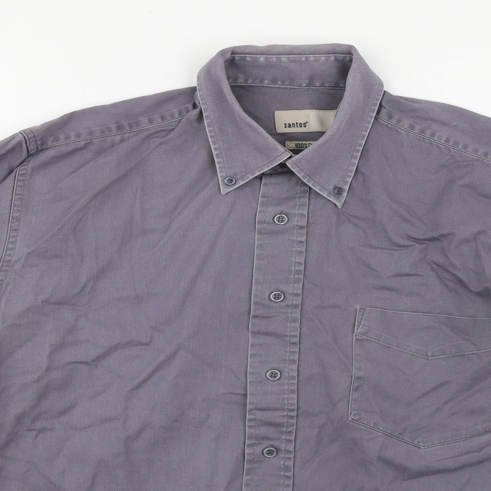 Zantos Mens Grey Cotton Button-Up Size M Collared Button - Button down collar