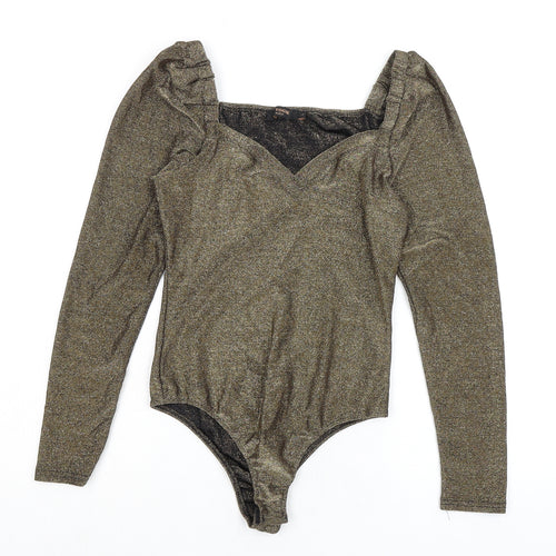 Vogue Womens Gold Nylon Bodysuit One-Piece Size L Snap - Sparkle