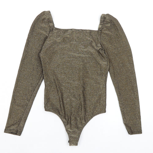 Vogue Womens Gold Nylon Bodysuit One-Piece Size L Snap - Sparkle