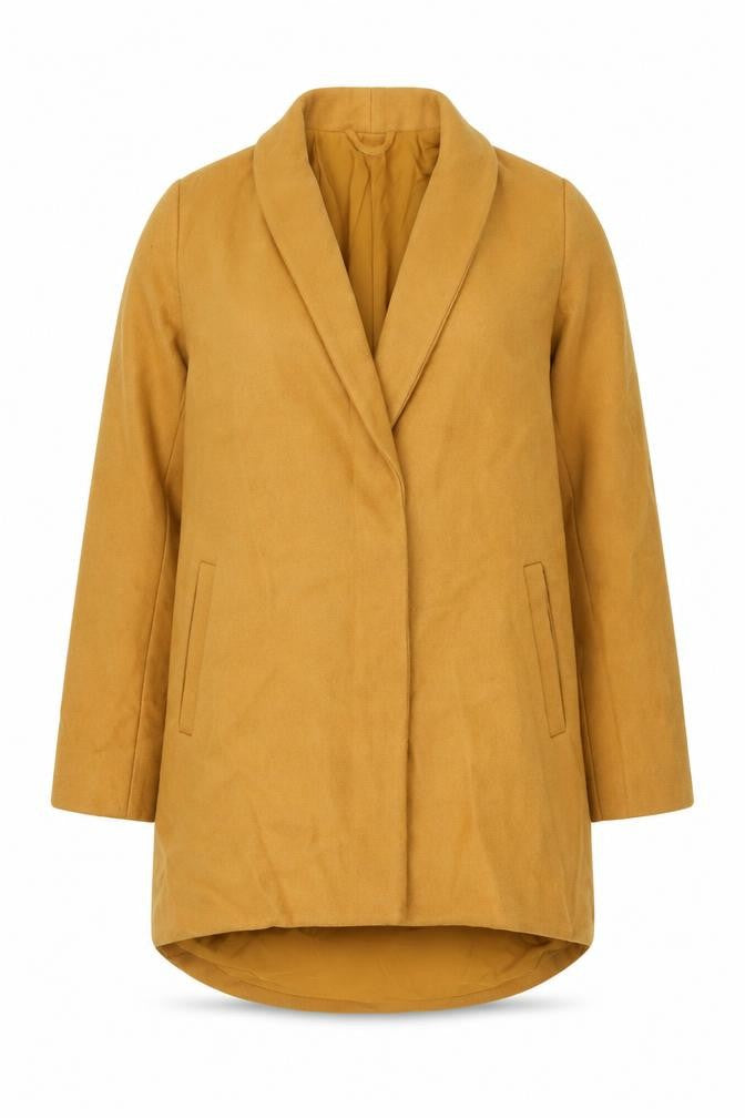 Front view of VILA women’s yellow overcoat coat, size UK 8, snap