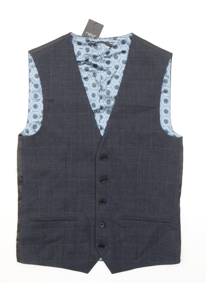 NEXT Mens Blue Plaid Polyester Jacket Suit Waistcoat Size 34 Regular