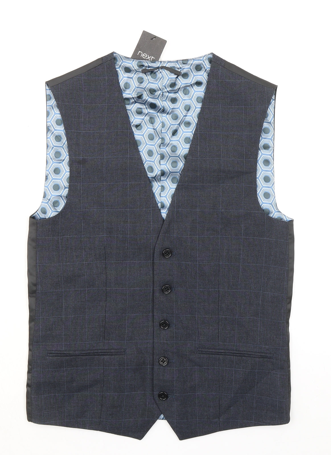 NEXT Mens Blue Plaid Polyester Jacket Suit Waistcoat Size 34 Regular
