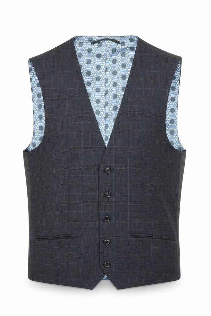 Front view of Next men’s blue plaid polyester jacket suit waistcoat, size 34, regular