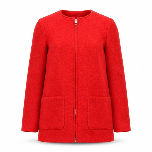 Front view of New Look women’s red jacket, size UK 10, zip - collarless