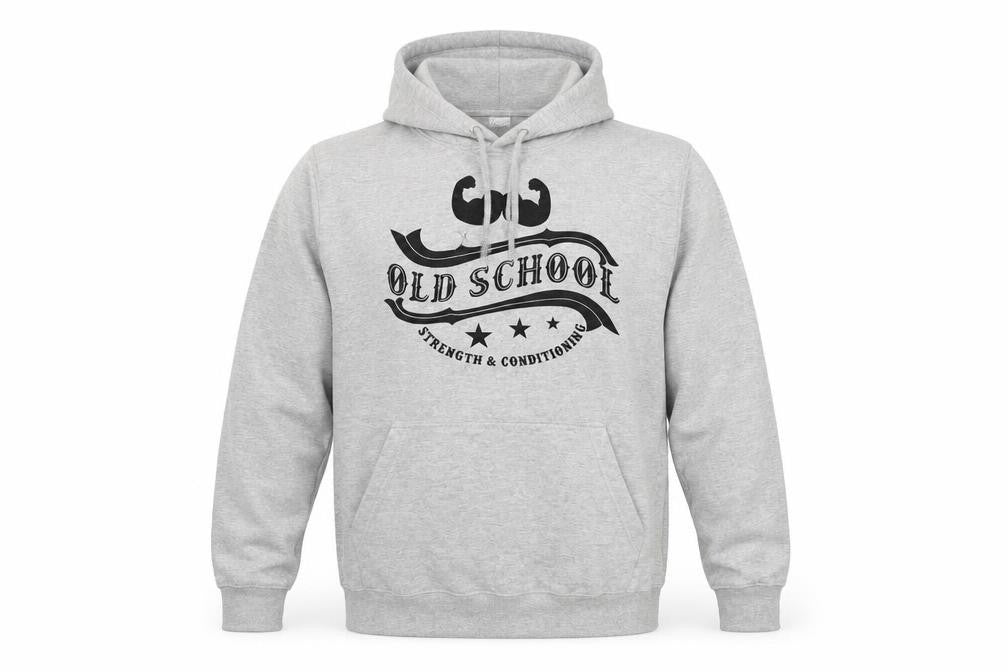 Front view of Built Up North men’s grey cotton pullover hoodie, size M
