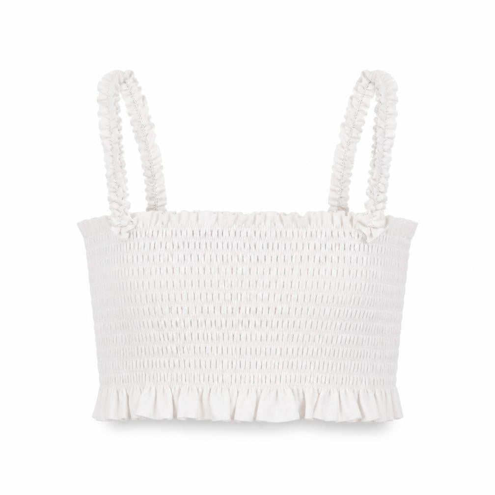 Front view of PRETTYLITTLETHING women’s white polyester cropped tank, size M, square neck - ruffle