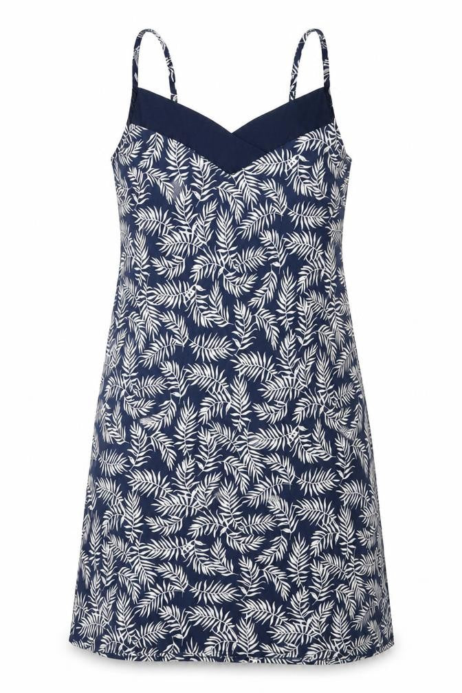 Front view of John Lewis women’s blue geometric polyester slip dress, size M, v-neck pullover