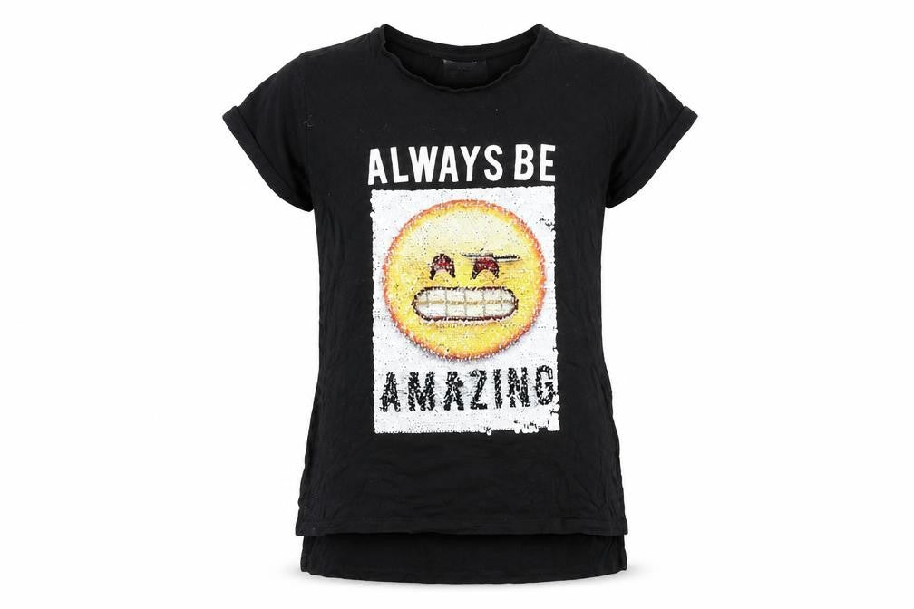 Front view of Bravado girls’ black vinyl basic t-shirt, size 11-12, years round neck pullover - reversible sequins
