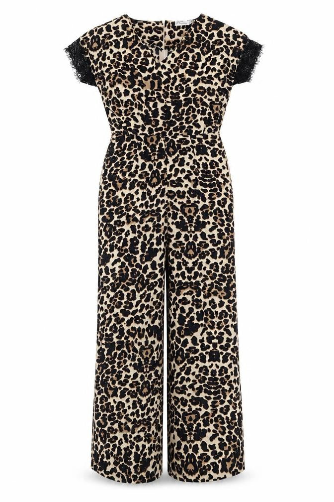 Pocasago Womens Beige Animal Print Polyester Jumpsuit One-Piece Size M L31 in Zip - Leopard Print Lace Trim