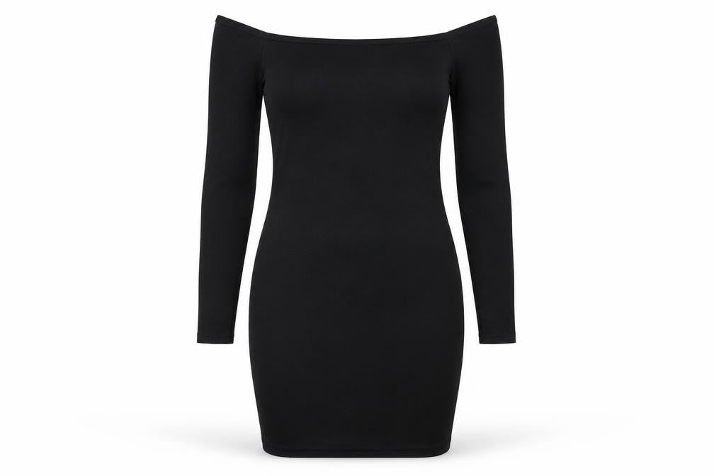 Front view of PRETTYLITTLETHING women’s black polyester bodycon, size UK 6, off the shoulder pullover