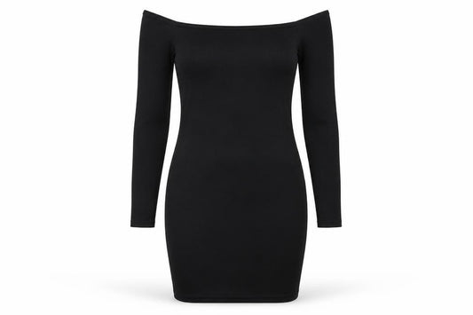 Front view of PRETTYLITTLETHING women’s black polyester bodycon, size UK 6, off the shoulder pullover