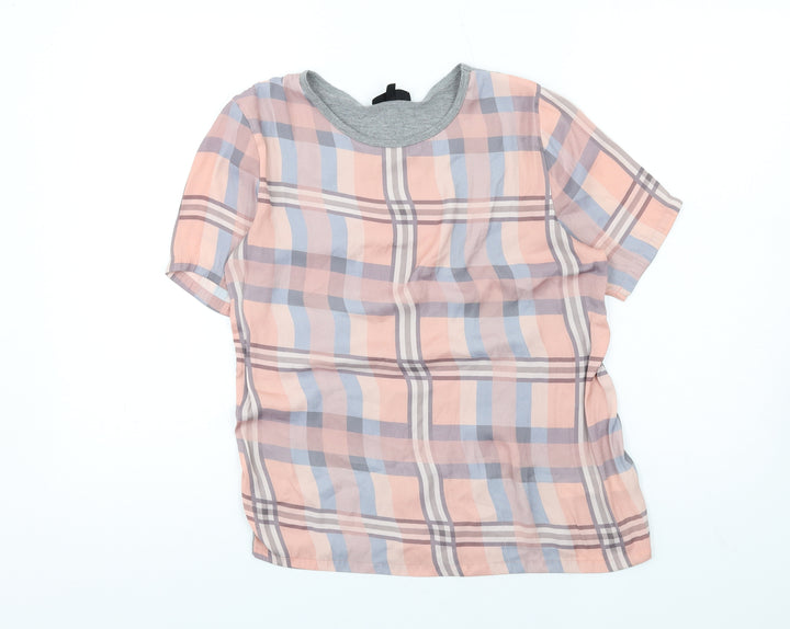 Topshop Womens Multicoloured Plaid Polyester Basic T-Shirt Size 6 Round Neck