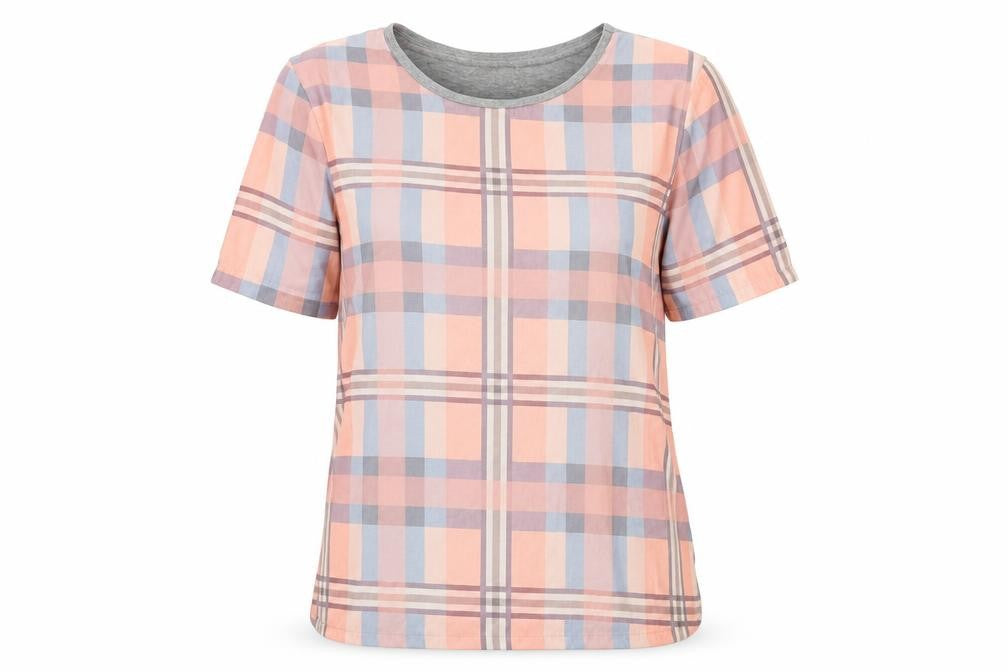 Front view of Topshop women’s multicoloured plaid polyester basic t-shirt, size UK 6, round neck