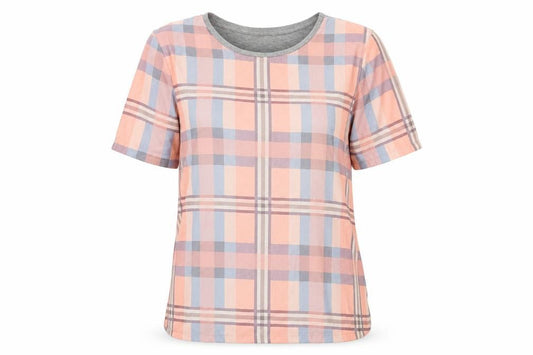 Front view of Topshop women’s multicoloured plaid polyester basic t-shirt, size UK 6, round neck