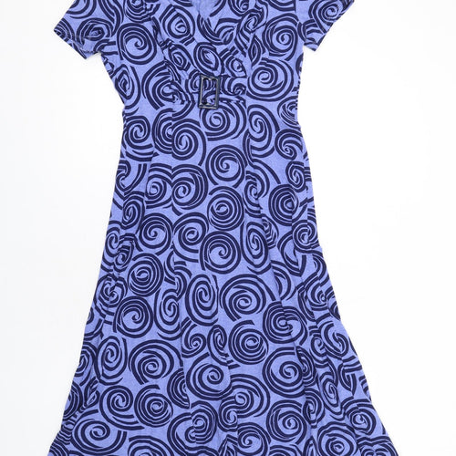 CC Womens Blue Geometric Viscose Fit & Flare Size S V-Neck Pullover