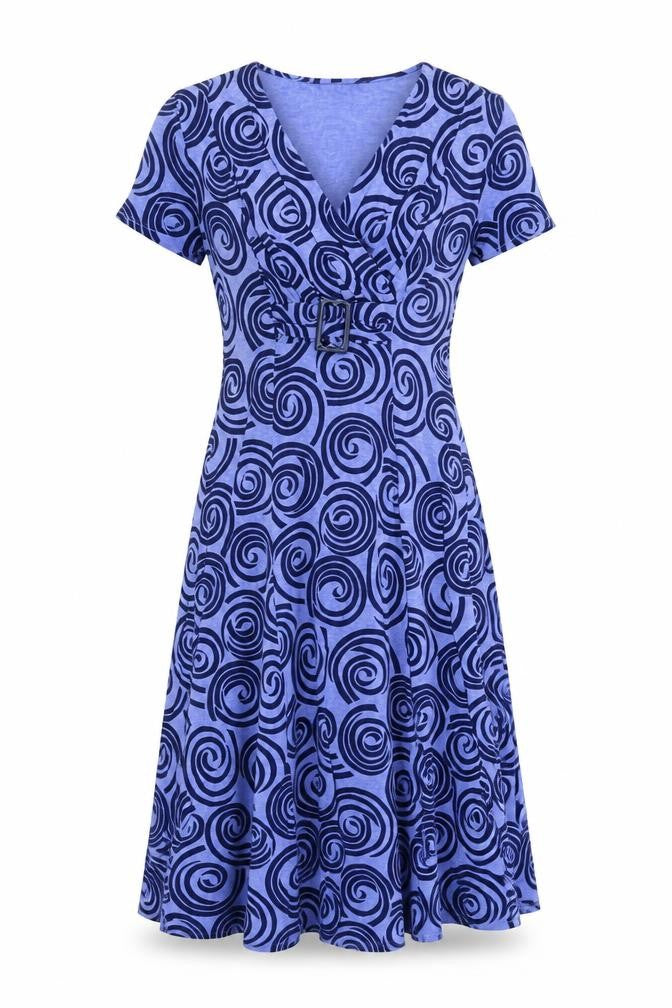 Front view of Country Casuals women’s blue geometric viscose fit & flare, size S, v-neck pullover
