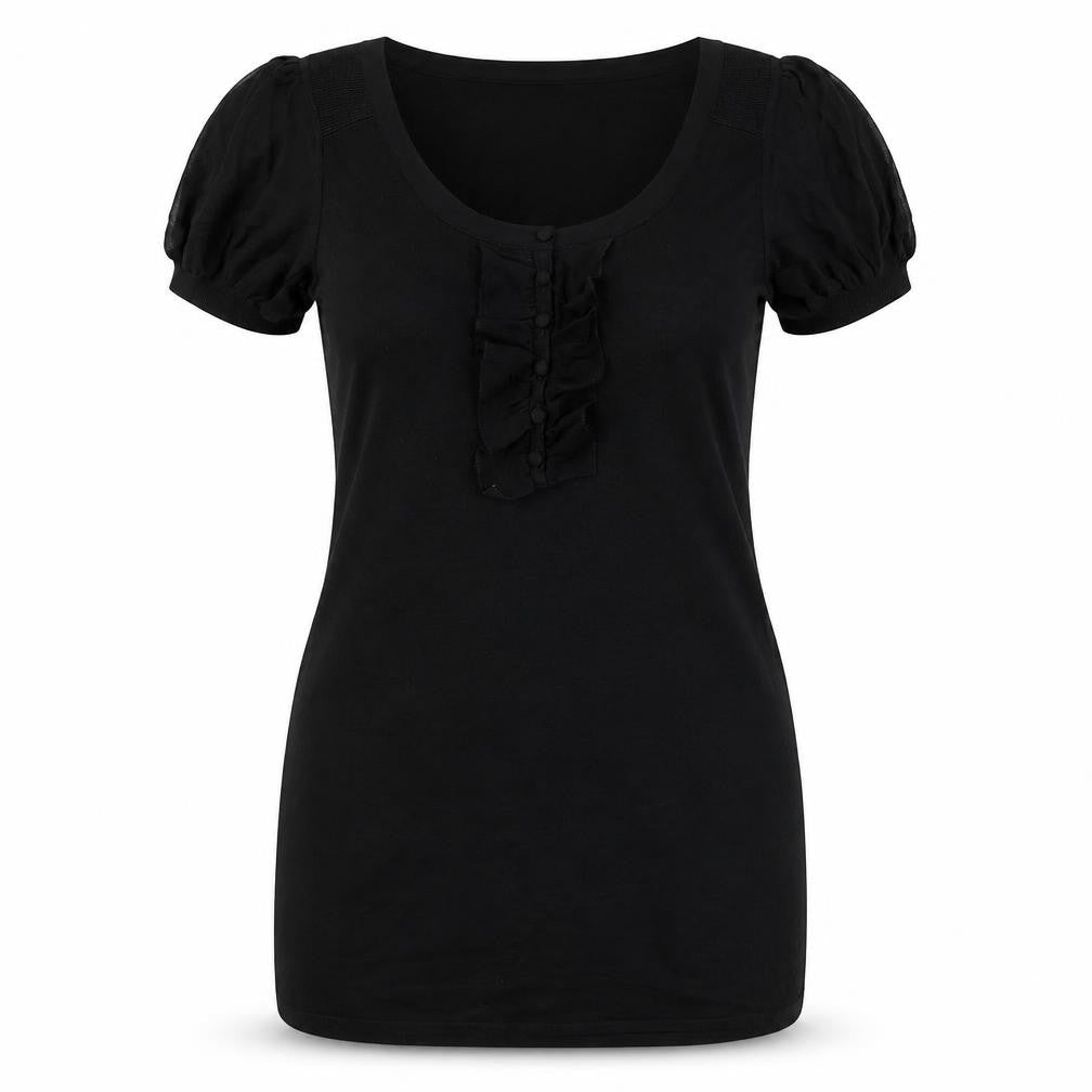Front view of Kaliko women’s black silk bodycon, size UK 10, scoop neck pullover - ruffle