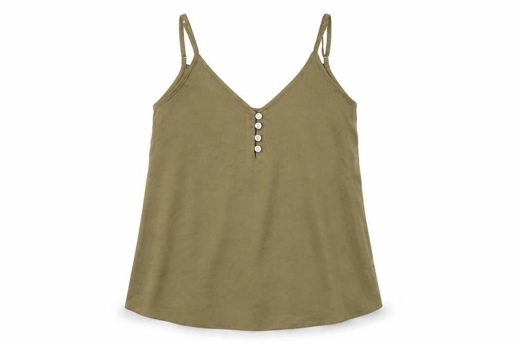 Front view of River Island women’s green polyester camisole tank, size UK 8, v-neck - button detail