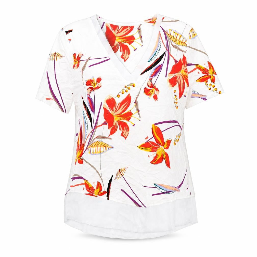 Front view of Marks & Spencer women’s multicoloured geometric viscose basic t-shirt, size UK 6, v-neck