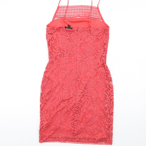Topshop Womens Red Cotton Bodycon Size 6 Square Neck Zip