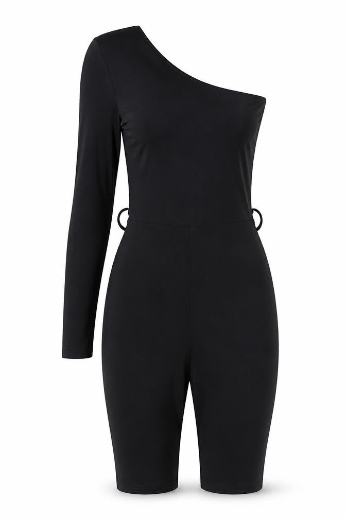 Front view of Missguided women’s black polyester unitard one-piece, size UK 6, 9-inch leg pullover