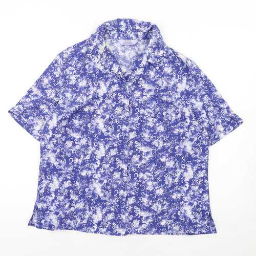 EWM Womens Blue Geometric Polyester Basic Button-Up Size 16 Collared