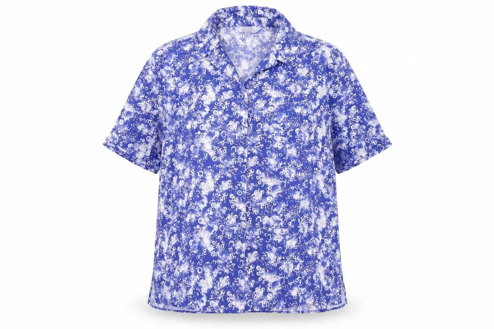 Front view of EWM women’s blue geometric polyester basic button-up, size UK 16, collared