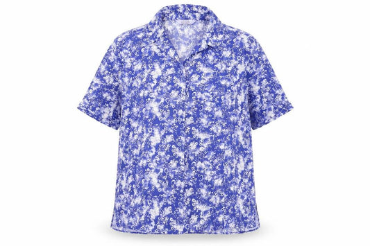 Front view of EWM women’s blue geometric polyester basic button-up, size UK 16, collared