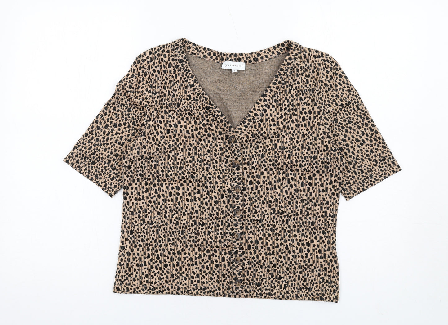 Warehouse Womens Brown Animal Print Polyester Cropped T-Shirt Size 16 V-Neck