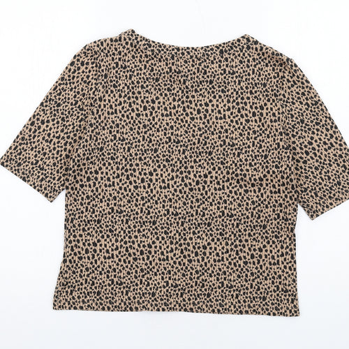 Warehouse Womens Brown Animal Print Polyester Cropped T-Shirt Size 16 V-Neck