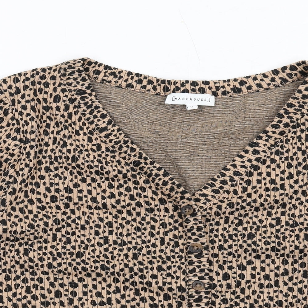 Warehouse Womens Brown Animal Print Polyester Cropped T-Shirt Size 16 V-Neck