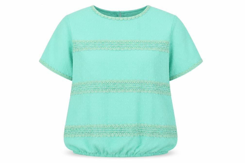 Front view of Cotton Traders women’s green polyester basic blouse, size UK 16, round neck - crochet trims