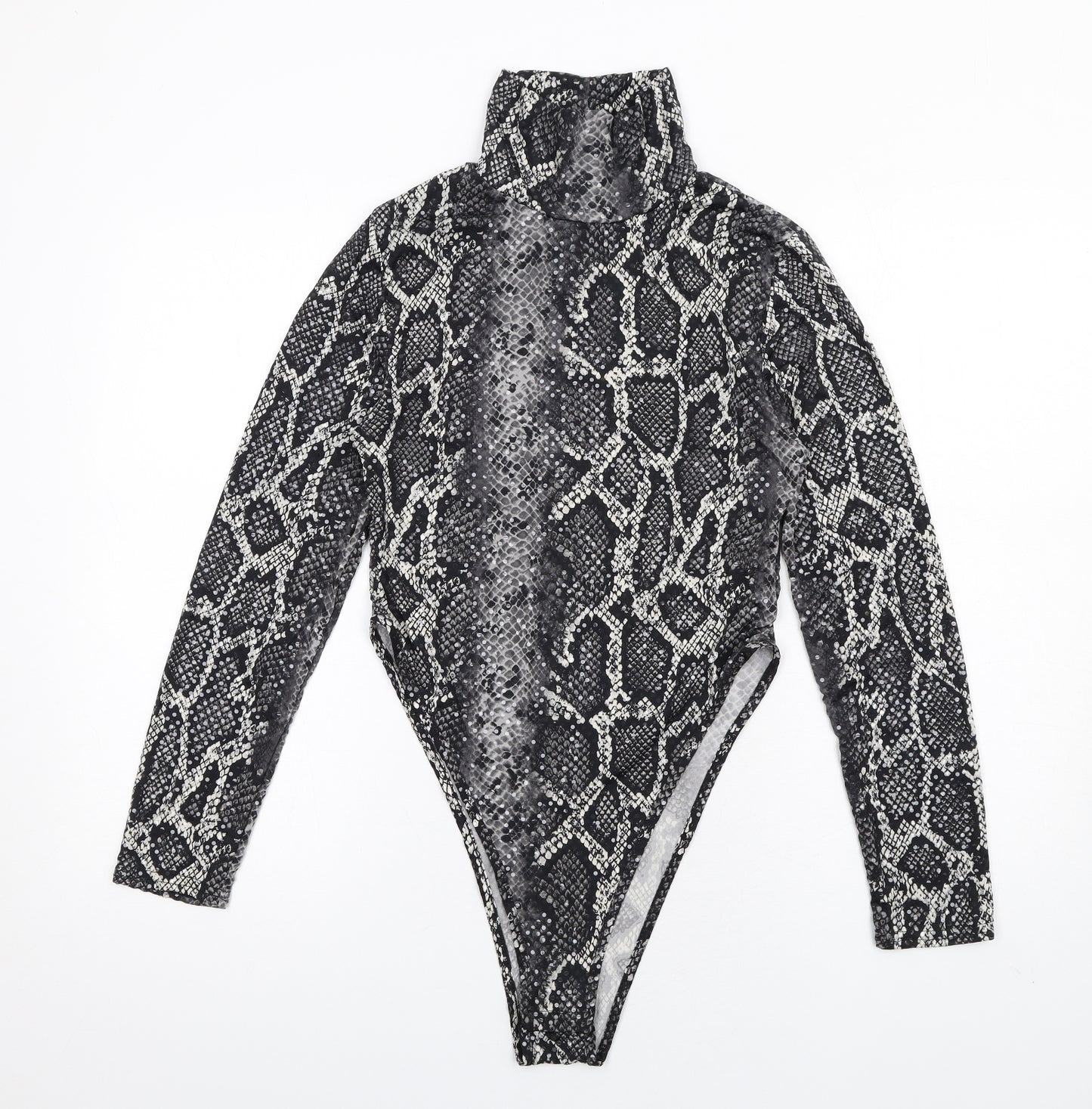 PRETTYLITTLETHING Womens Grey Animal Print Polyester Bodysuit One-Piece Size 10 Snap - Snake Print