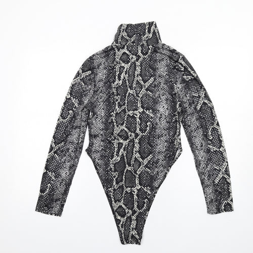 PRETTYLITTLETHING Womens Grey Animal Print Polyester Bodysuit One-Piece Size 10 Snap - Snake Print