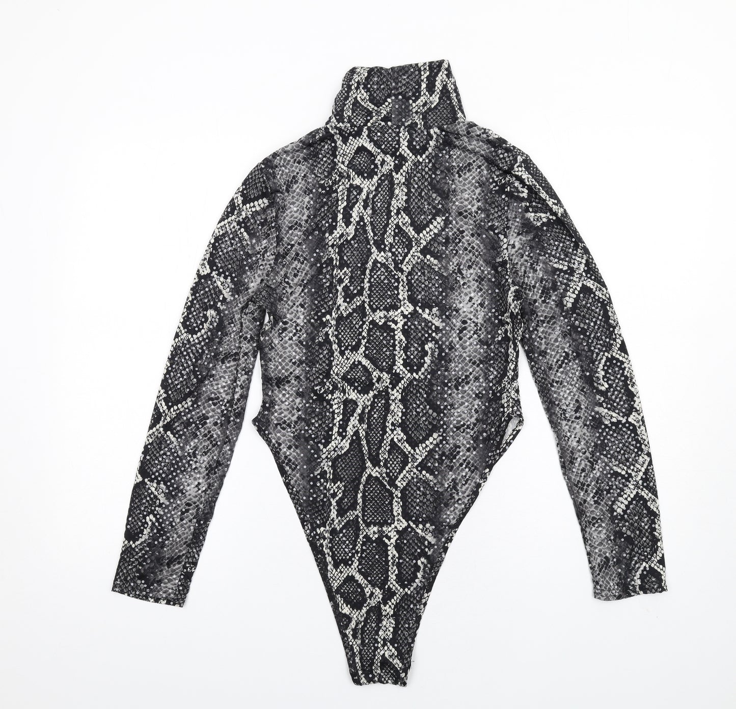 PRETTYLITTLETHING Womens Grey Animal Print Polyester Bodysuit One-Piece Size 10 Snap - Snake Print