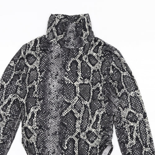 PRETTYLITTLETHING Womens Grey Animal Print Polyester Bodysuit One-Piece Size 10 Snap - Snake Print