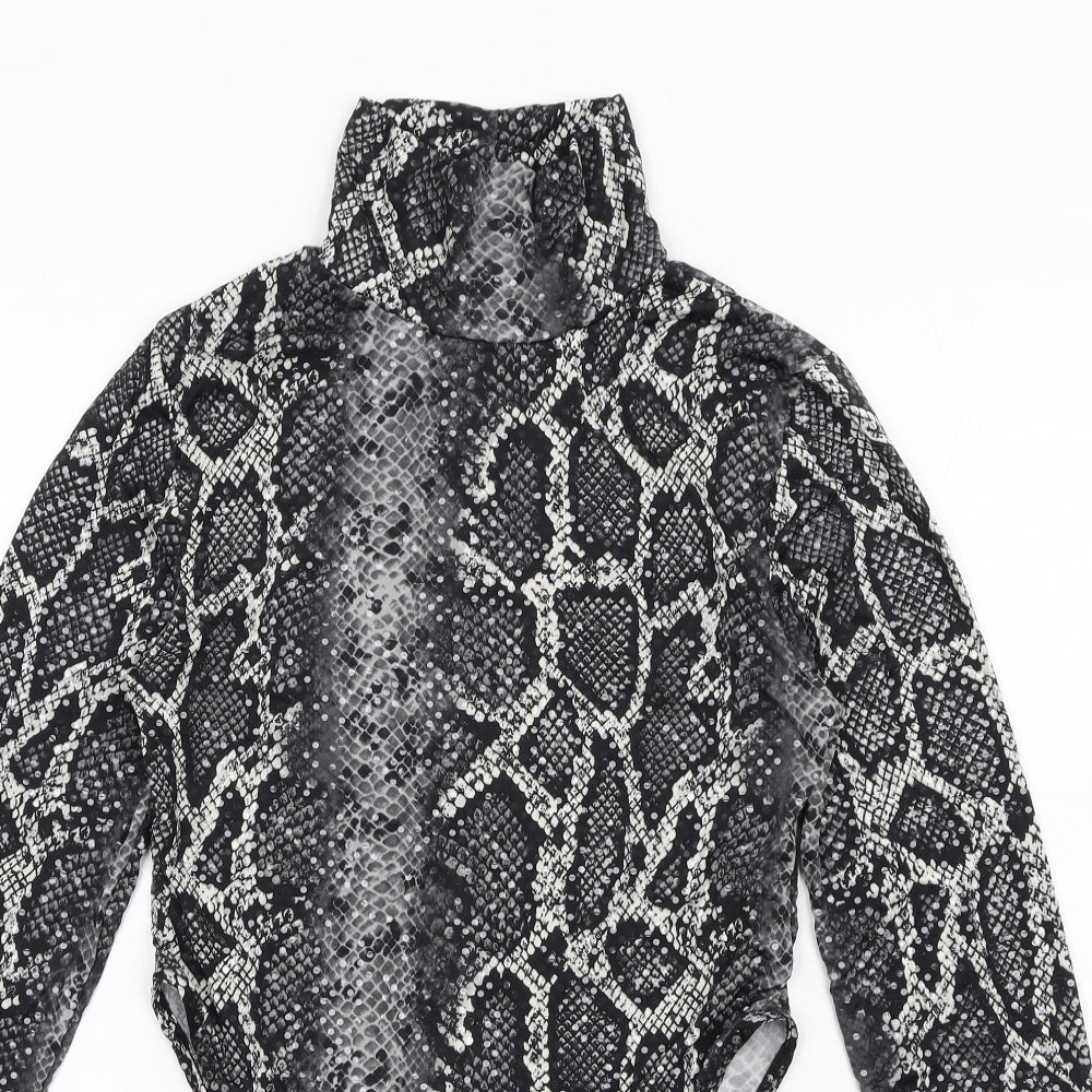PRETTYLITTLETHING Womens Grey Animal Print Polyester Bodysuit One-Piece Size 10 Snap - Snake Print