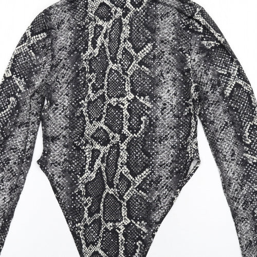 PRETTYLITTLETHING Womens Grey Animal Print Polyester Bodysuit One-Piece Size 10 Snap - Snake Print