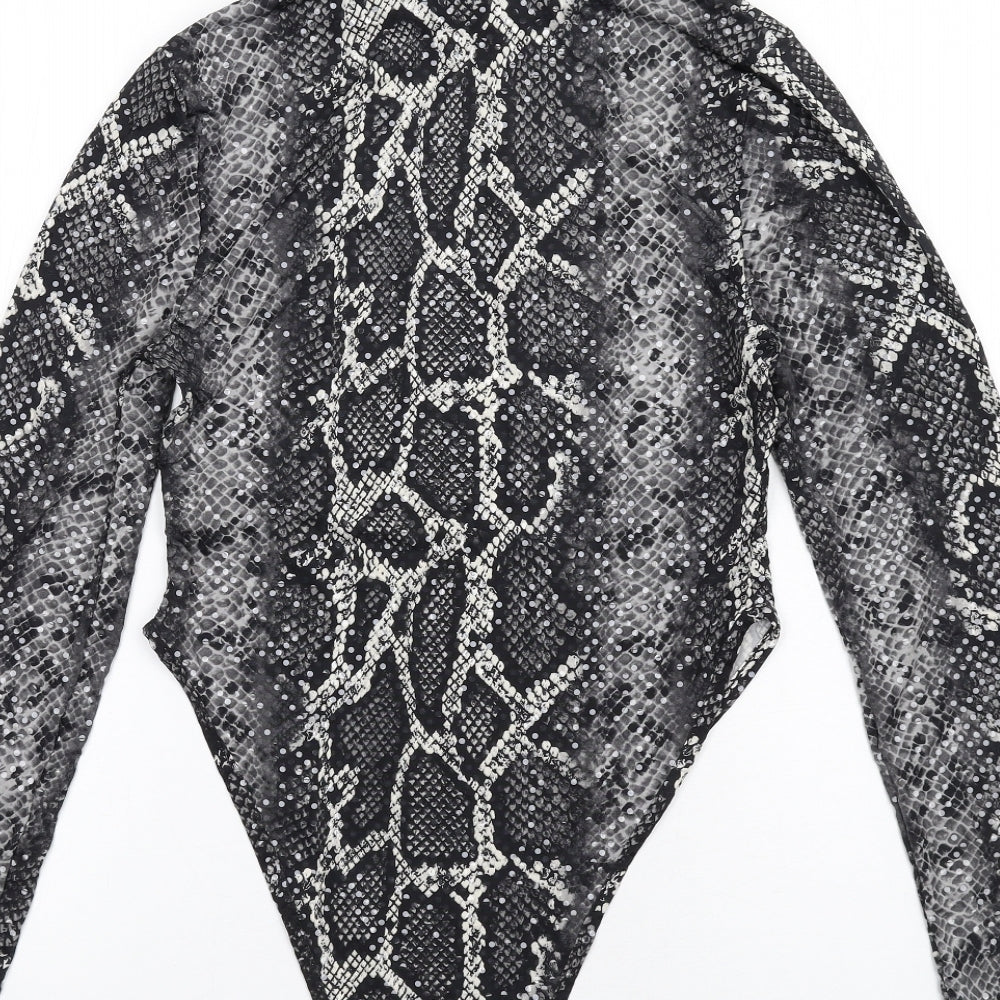PRETTYLITTLETHING Womens Grey Animal Print Polyester Bodysuit One-Piece Size 10 Snap - Snake Print
