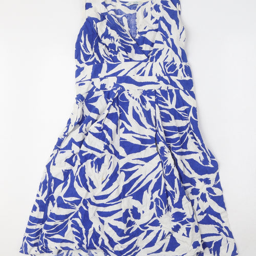 Marks and Spencer Womens Blue Geometric Linen A-Line Size 8 V-Neck Zip