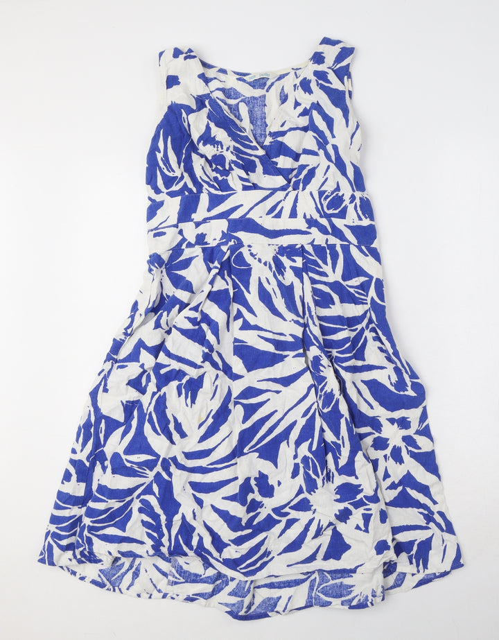 Marks and Spencer Womens Blue Geometric Linen A-Line Size 8 V-Neck Zip