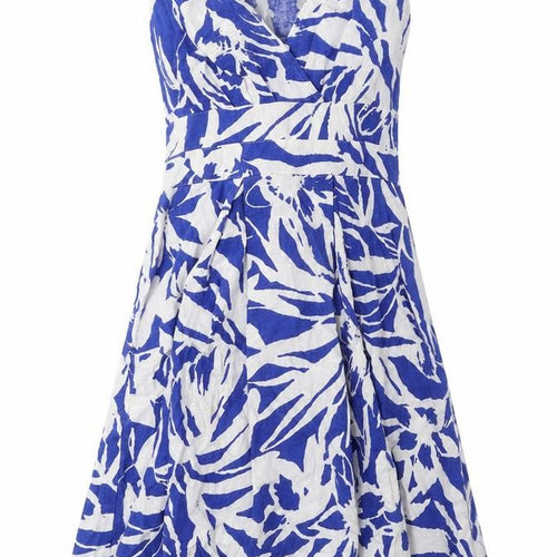 Marks and Spencer Womens Blue Geometric Linen A-Line Size 8 V-Neck Zip