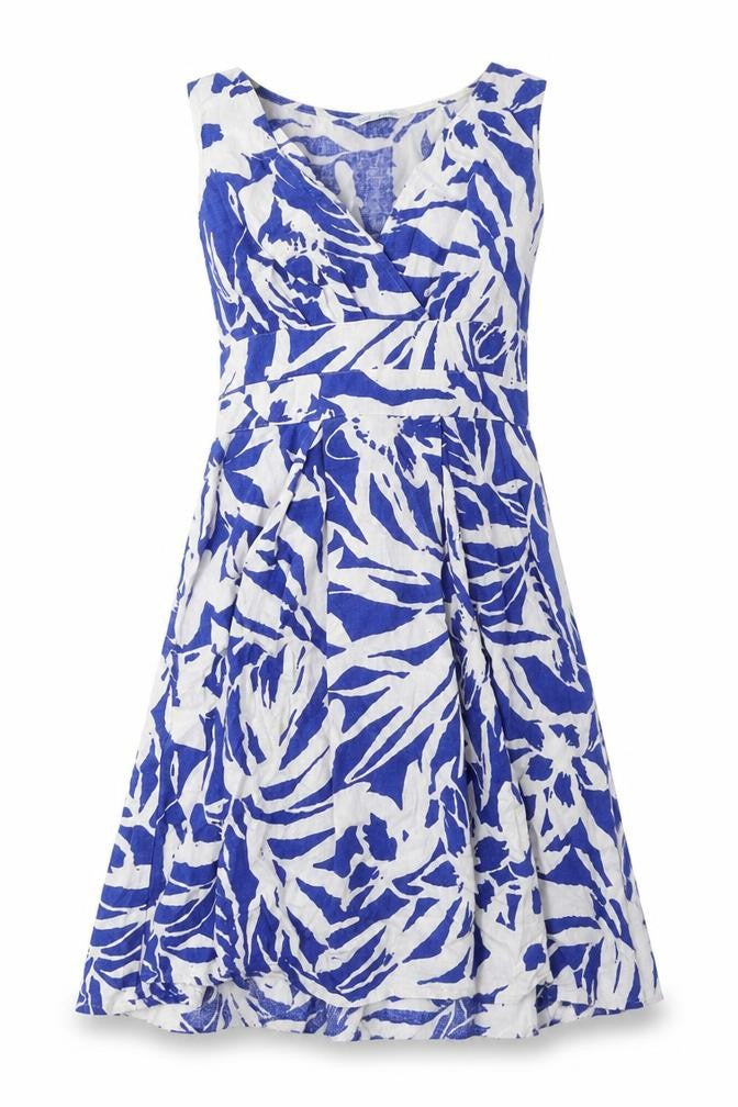Marks and Spencer Womens Blue Geometric Linen A-Line Size 8 V-Neck Zip