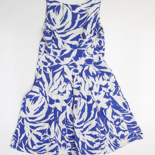 Marks and Spencer Womens Blue Geometric Linen A-Line Size 8 V-Neck Zip