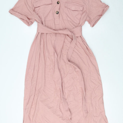 Warehouse Womens Pink Viscose Shirt Dress Size 14 Collared Button - Split side, Tie waist